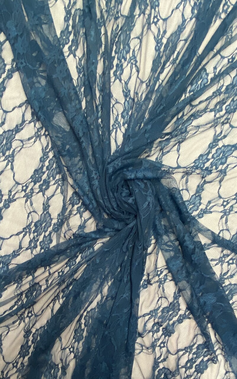 1 Yard Teal Shimmery Floral Lace Fabric Sheer 4-Way Stretch Nylon Spandex 58/60″ Wide